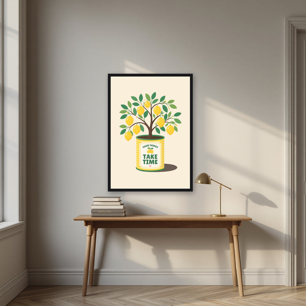 Lemon Tree — Fruit Trees art print, in a black frame, styled in a desk