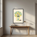 Lemon Tree — Fruit Trees art print, in a black frame, styled in a desk