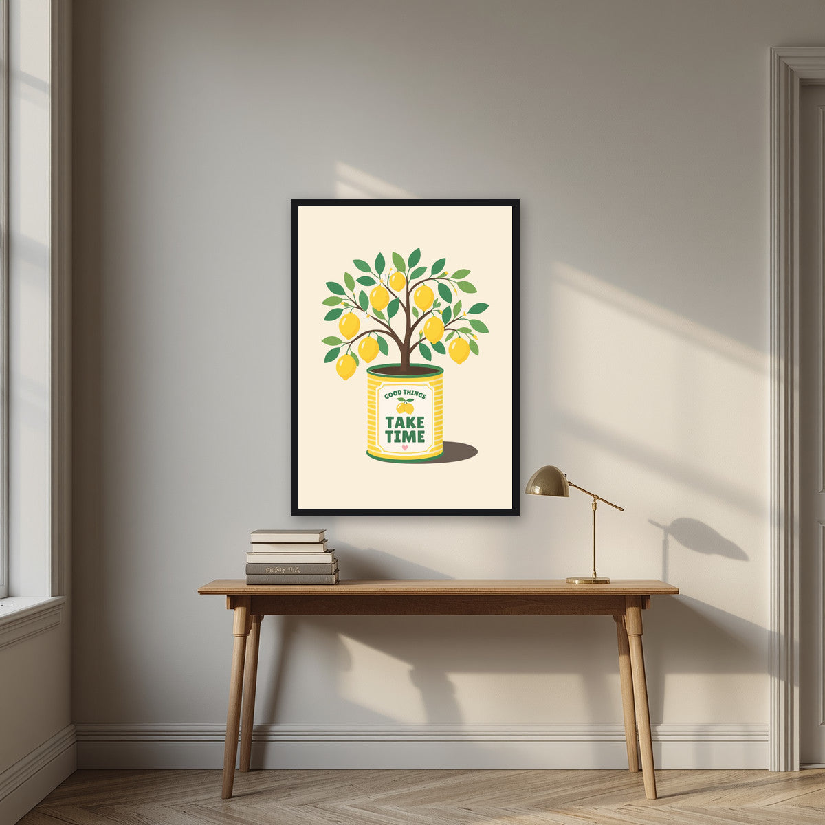 Lemon Tree — Fruit Trees art print, in a black frame, styled in a desk