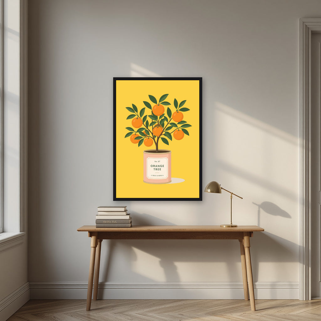 Orange Tree — Fruit Trees art print, in a black frame, styled in a desk