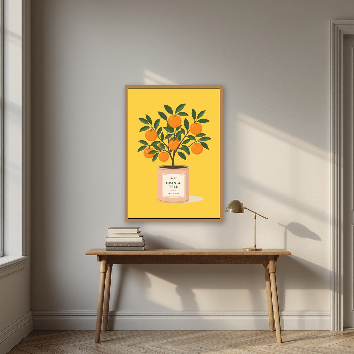 Orange Tree — Fruit Trees art print, in an oak frame, styled in a desk