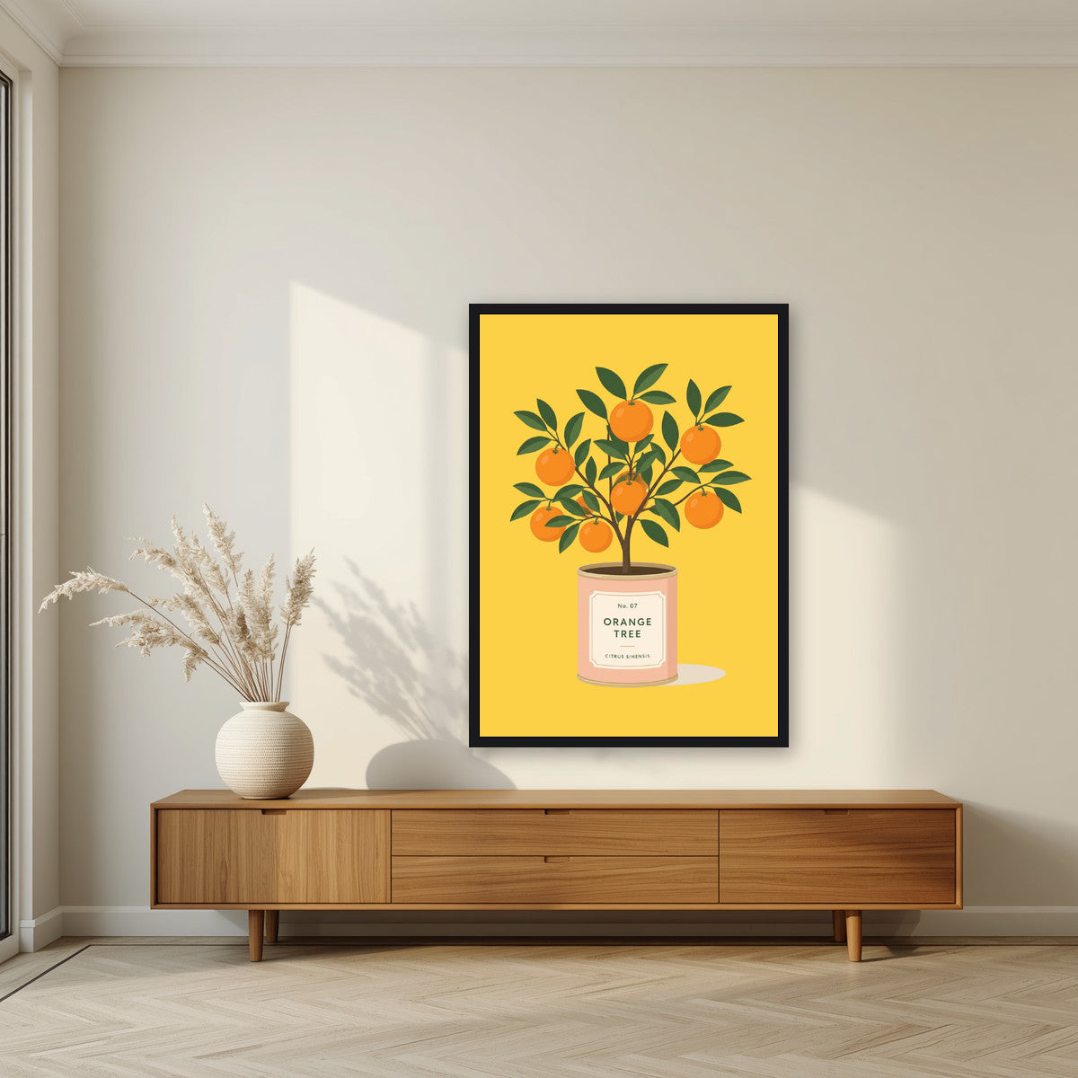 Orange Tree — Fruit Trees art print, in a black frame, styled in a living room