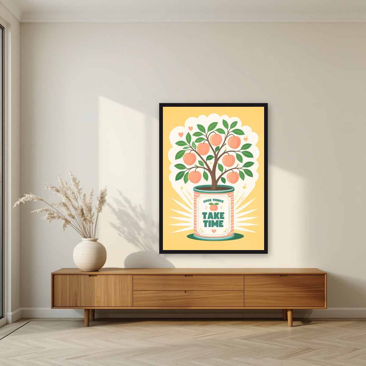 Peach Tree — Fruit Trees art print, in a black frame, styled in a living room