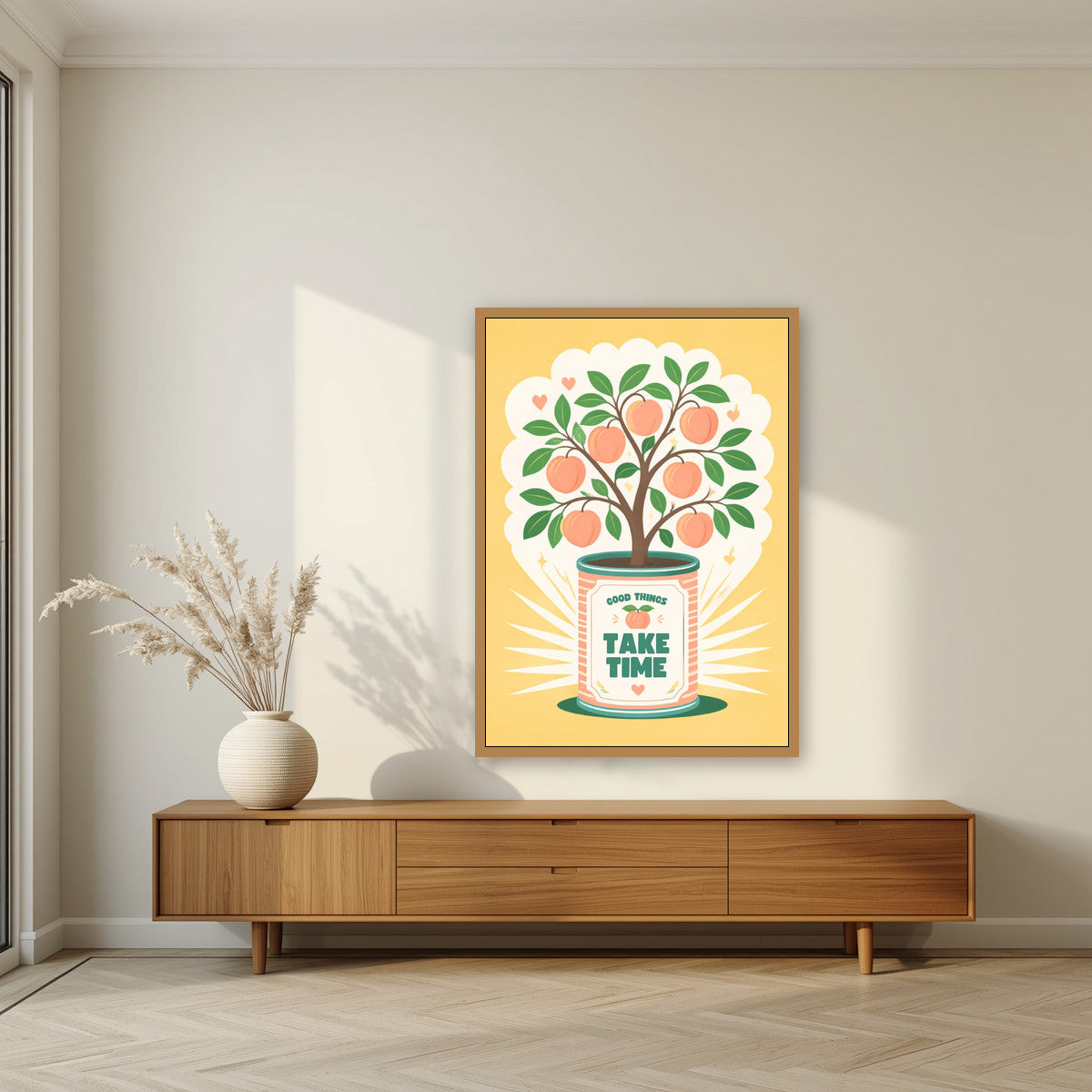 Peach Tree — Fruit Trees art print, in an oak frame, styled in a living room