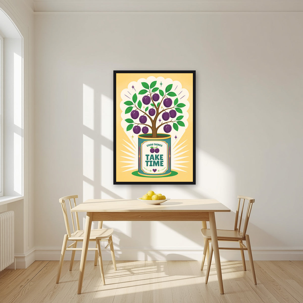 Plum Tree — Fruit Trees art print, in a black frame, styled in a kitchen
