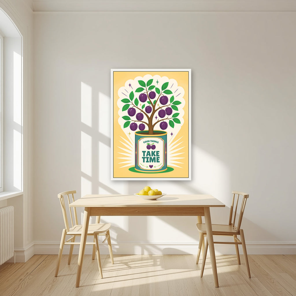 Plum Tree — Fruit Trees art print, in a white frame, styled in a kitchen