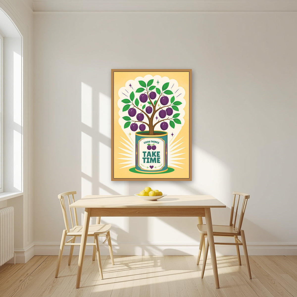 Plum Tree — Fruit Trees art print, in an oak frame, styled in a kitchen