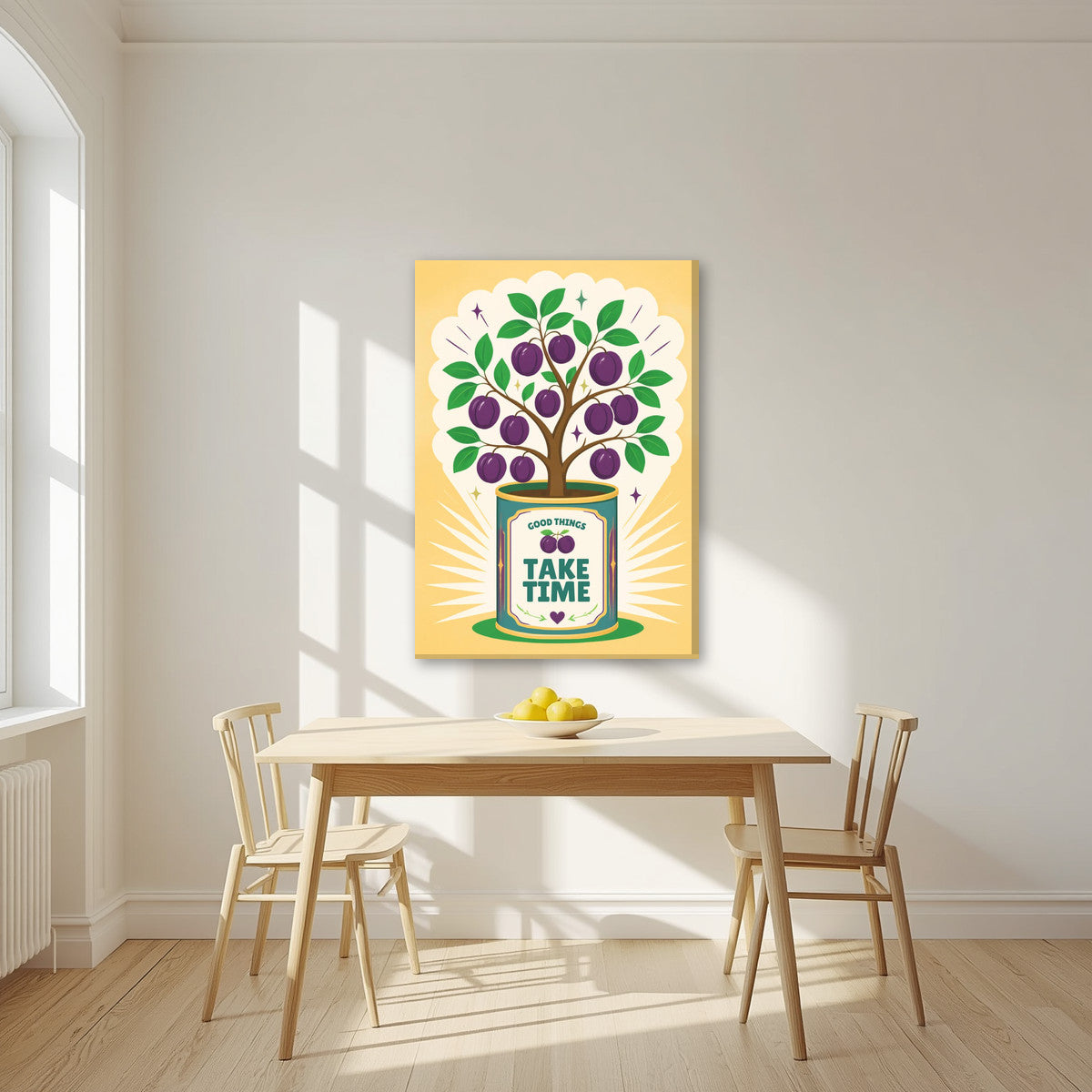 Plum Tree — Fruit Trees art print, on slim canvas, styled in a kitchen