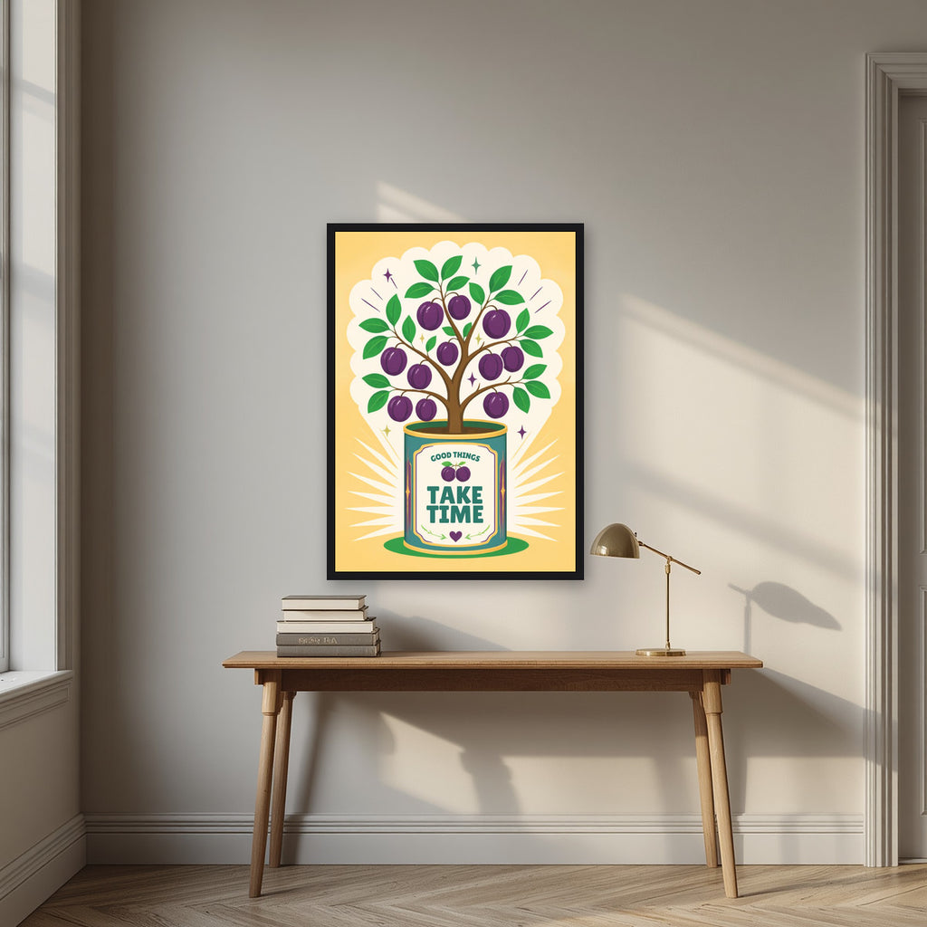 Plum Tree — Fruit Trees art print, in a black frame, styled in a desk