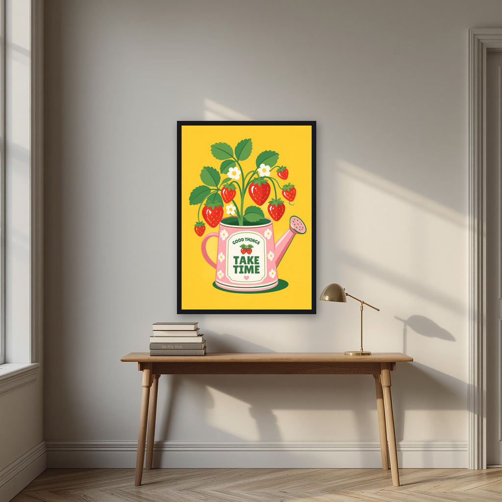 Strawberry — Fruit Trees art print, in a black frame, styled in a desk