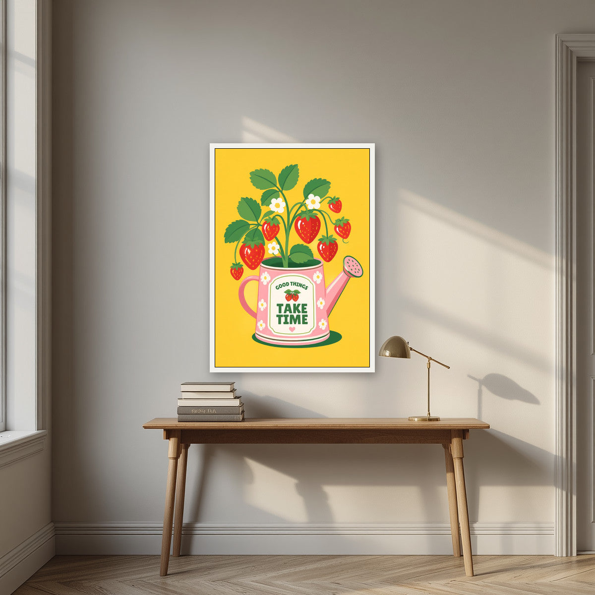 Strawberry — Fruit Trees art print, in a white frame, styled in a desk