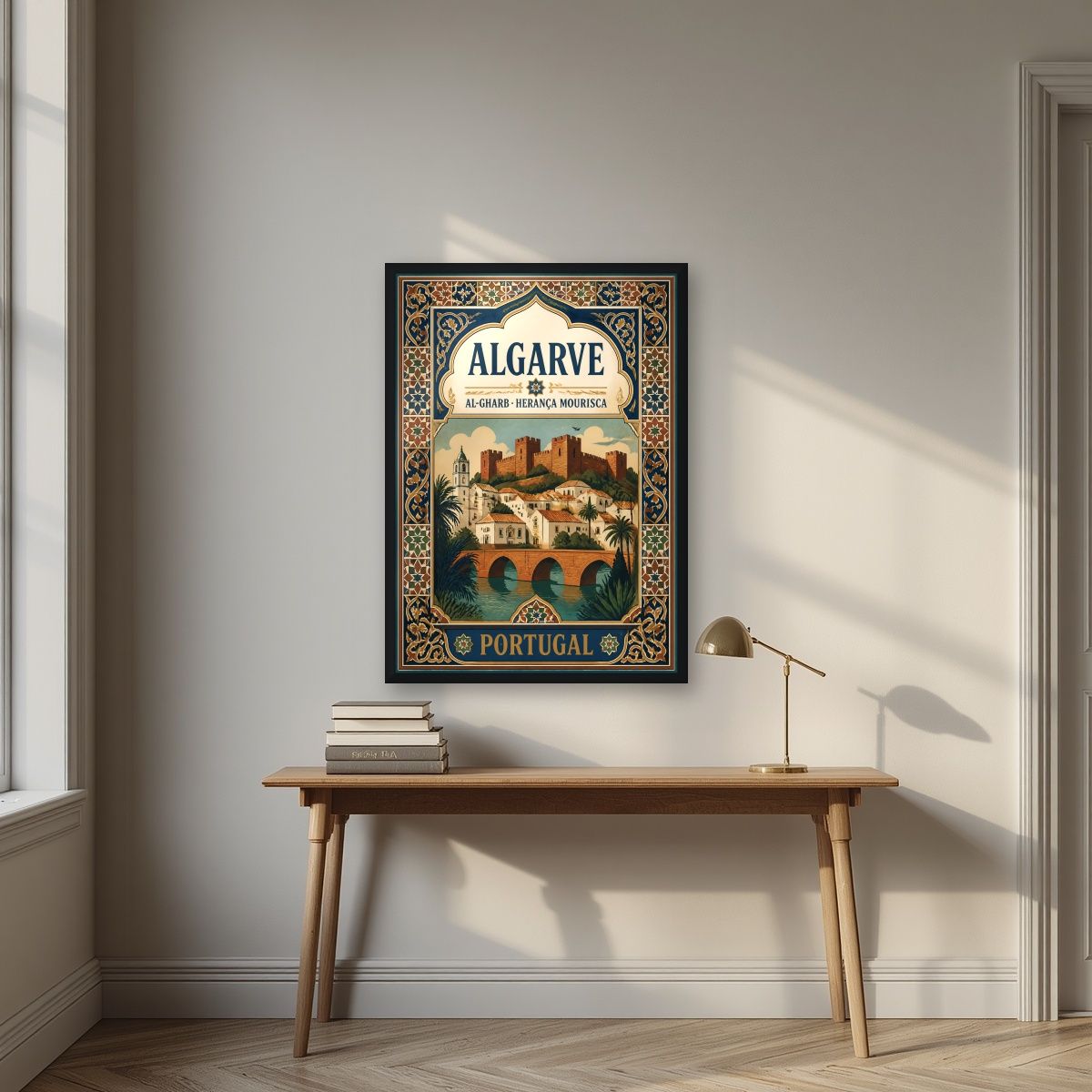 Al-Gharb — Algarve art print, in a black frame, styled in a desk