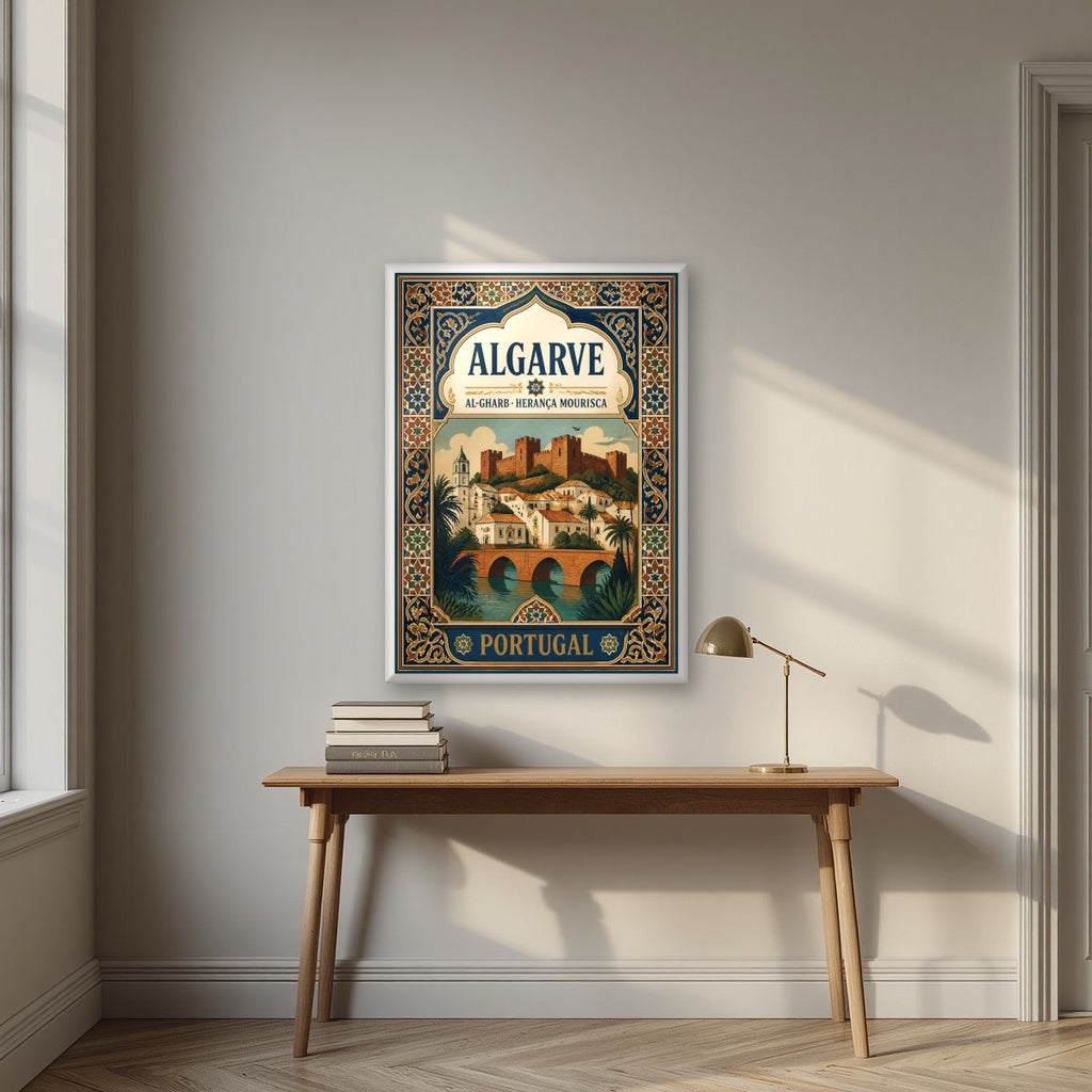 Al-Gharb — Algarve art print, in a white frame, styled in a desk