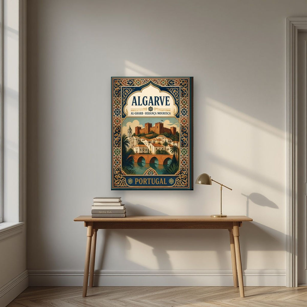 Al-Gharb — Algarve art print, on slim canvas, styled in a desk