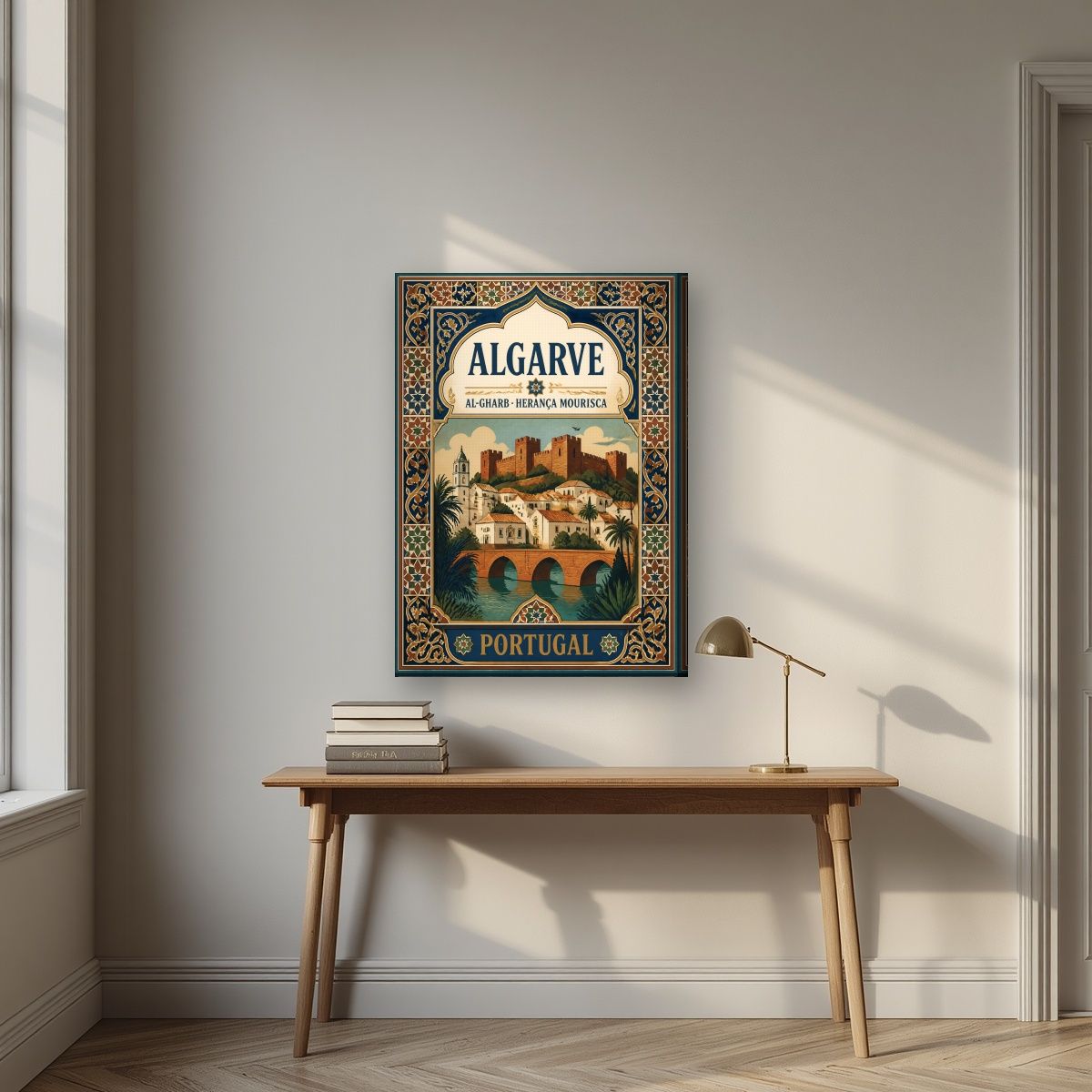 Al-Gharb — Algarve art print, on slim canvas, styled in a desk