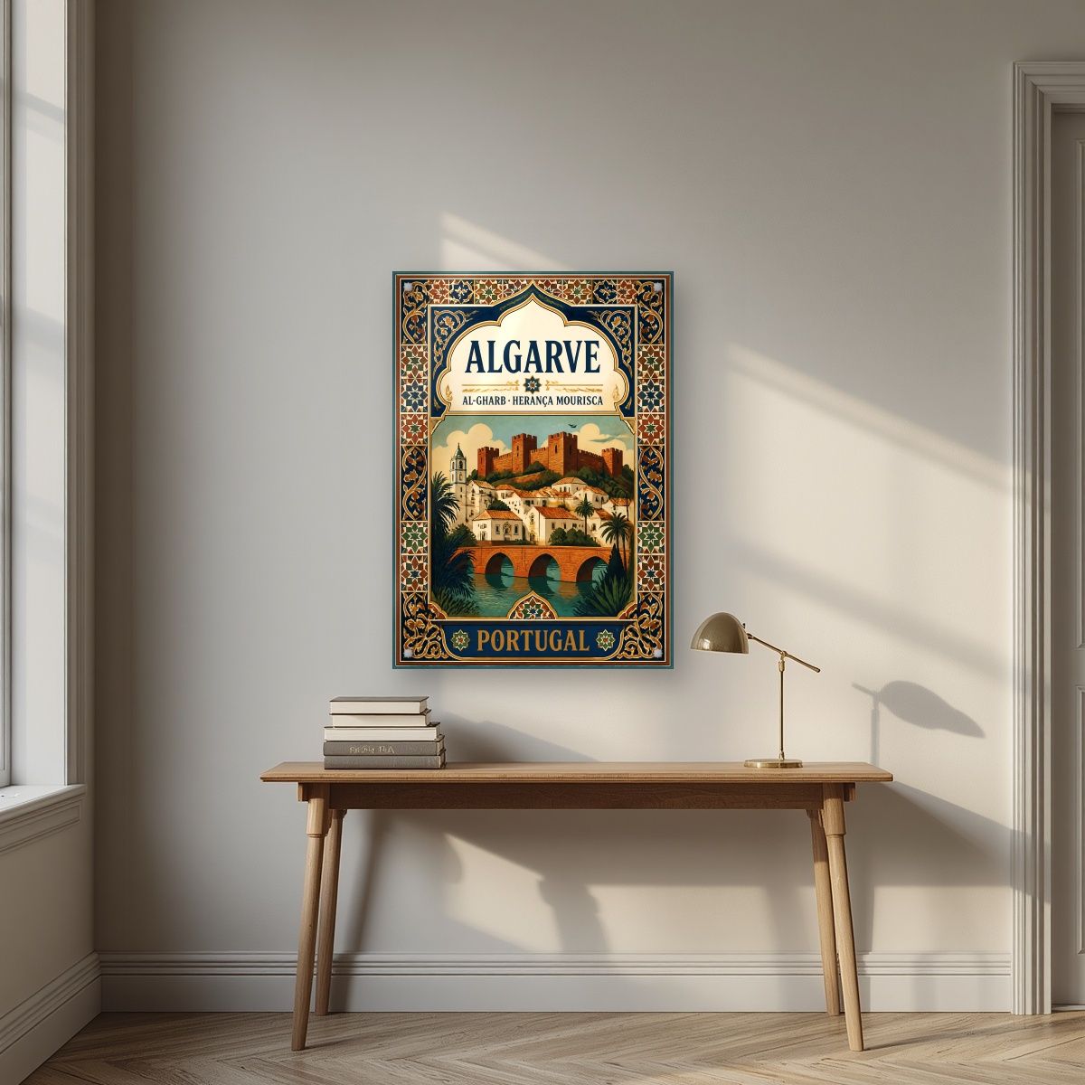 Al-Gharb — Algarve art print, as an acrylic print, styled in a desk