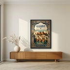 Al-Gharb — Algarve art print, in a black frame, styled in a living room