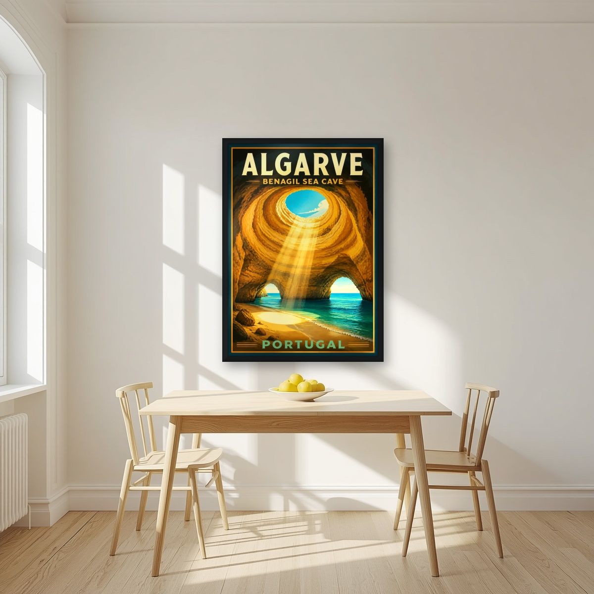 Algar de Benagil — Algarve art print, in a black frame, styled in a kitchen