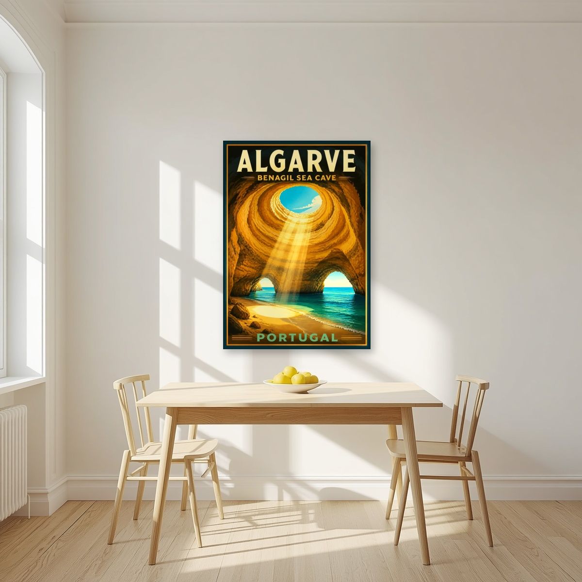 Algar de Benagil — Algarve art print, unframed poster, styled in a kitchen