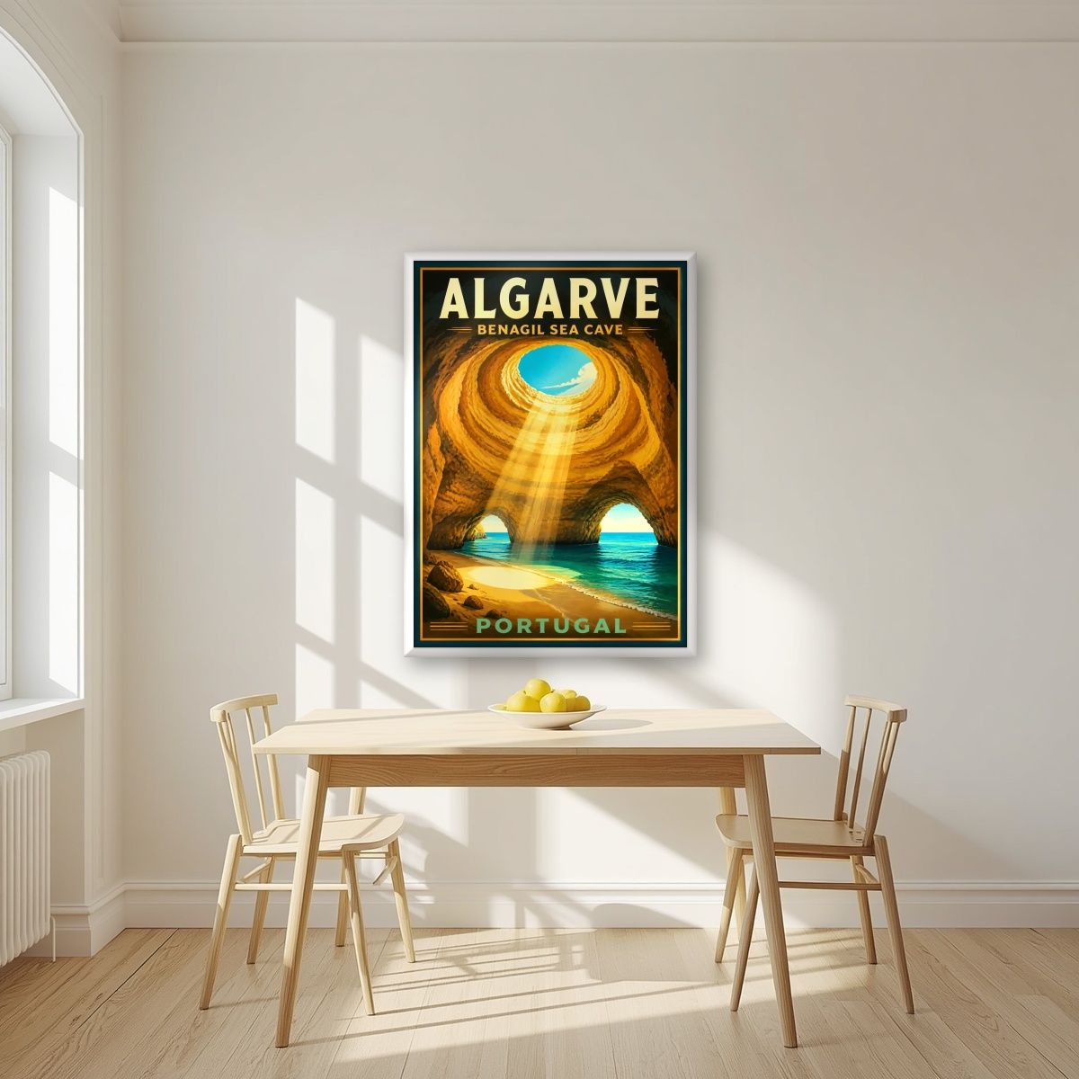 Algar de Benagil — Algarve art print, in a white frame, styled in a kitchen