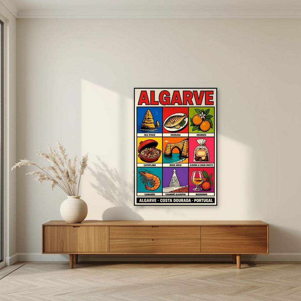 Costa Dourada — Algarve art print, unframed poster, styled in a living room