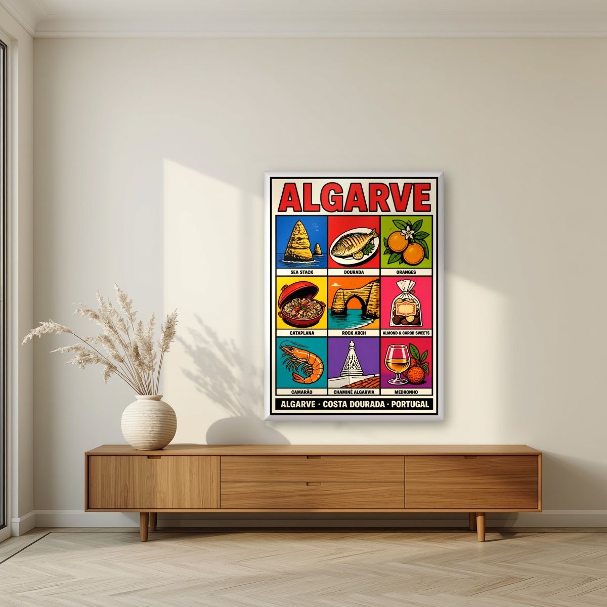 Costa Dourada — Algarve art print, in a white frame, styled in a living room