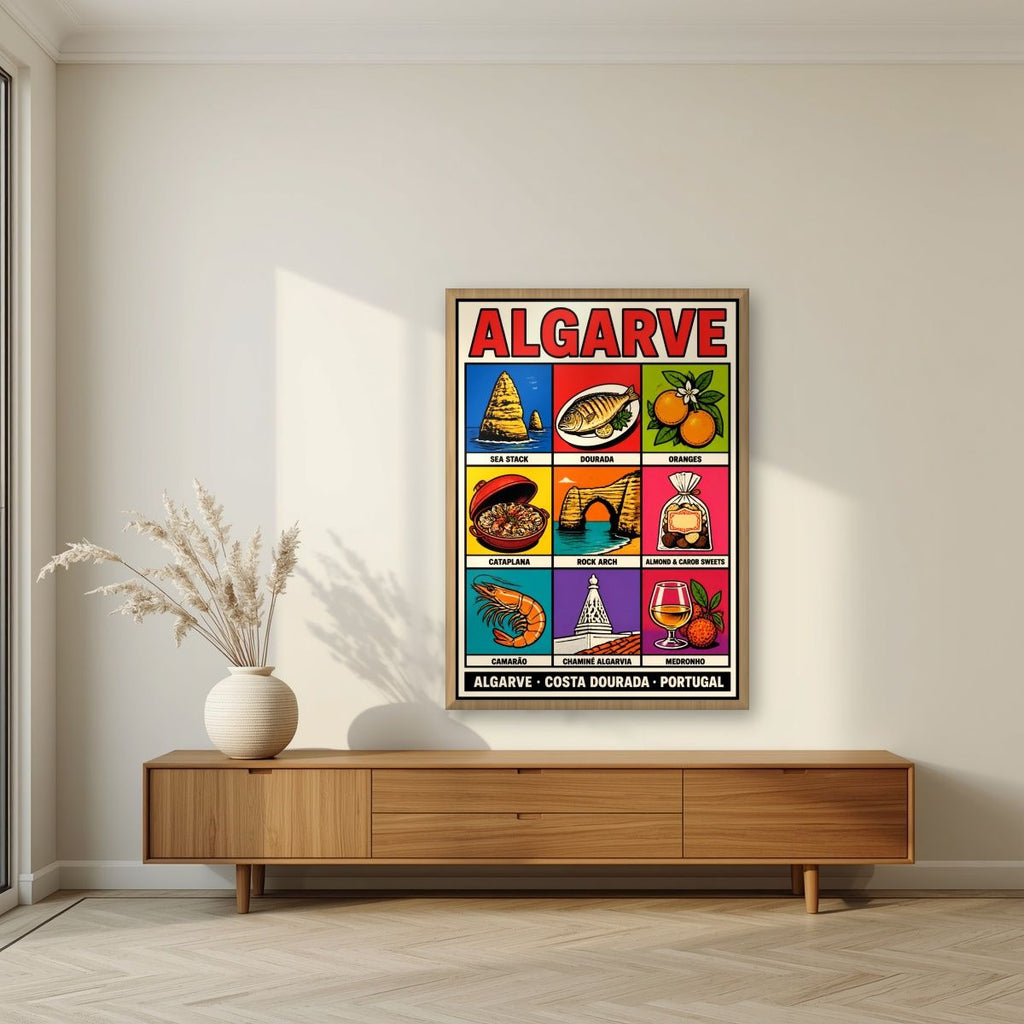 Costa Dourada — Algarve art print, in an oak frame, styled in a living room