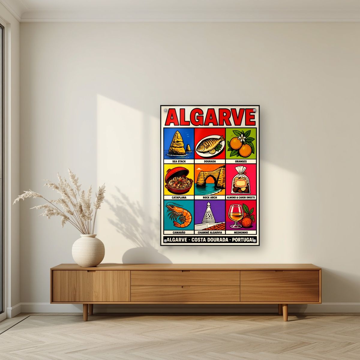 Costa Dourada — Algarve art print, as an acrylic print, styled in a living room