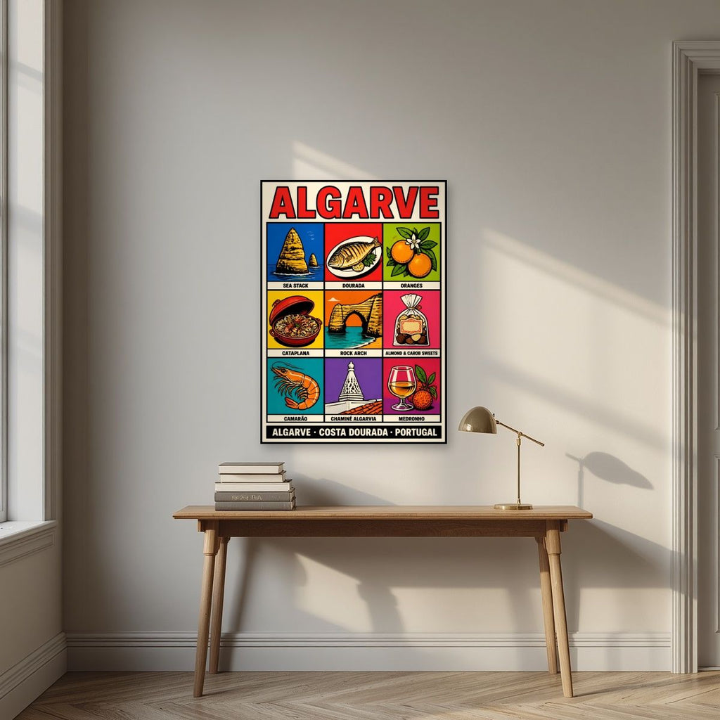 Costa Dourada — Algarve art print, unframed poster, styled in a desk