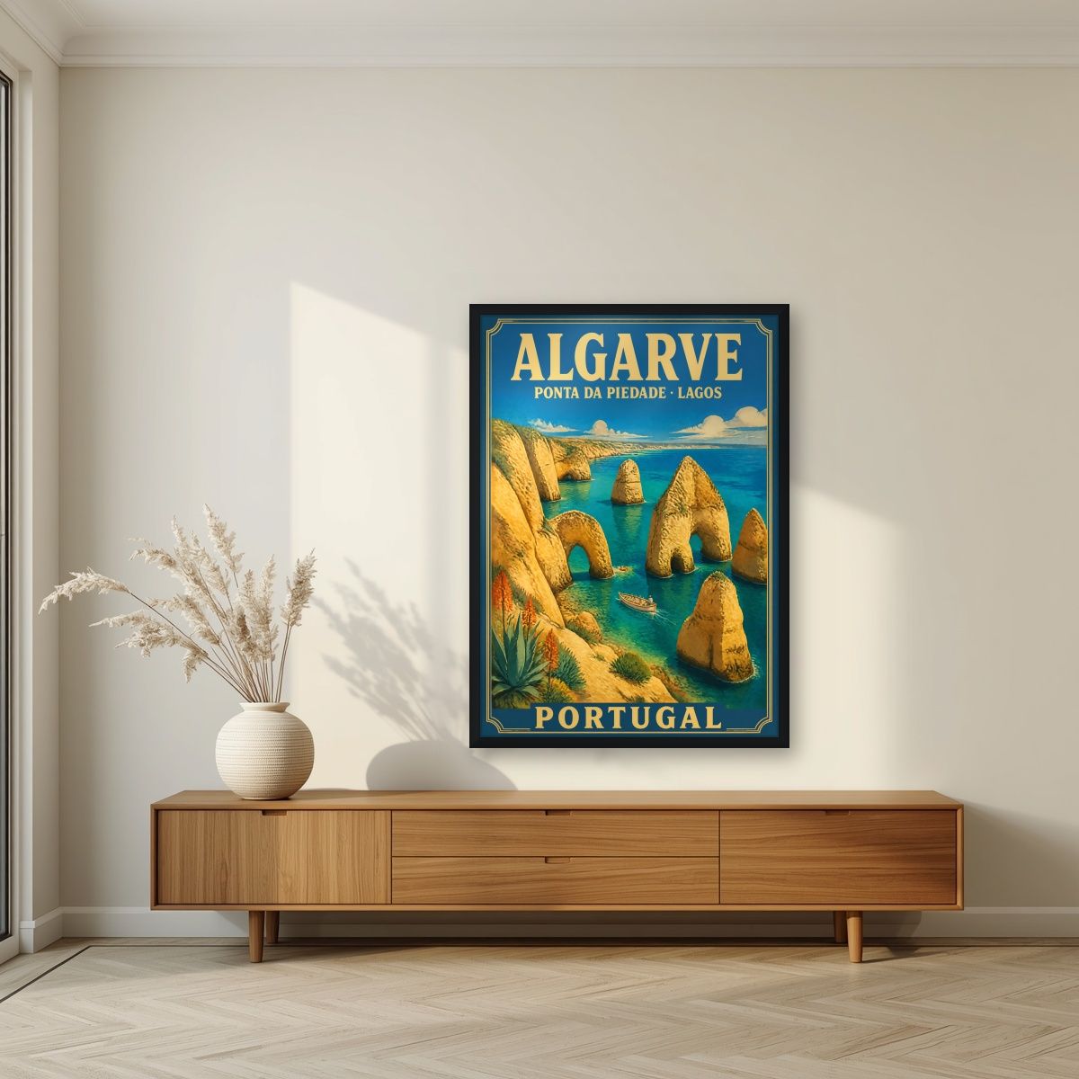 Ponta da Piedade — Algarve art print, in a black frame, styled in a living room