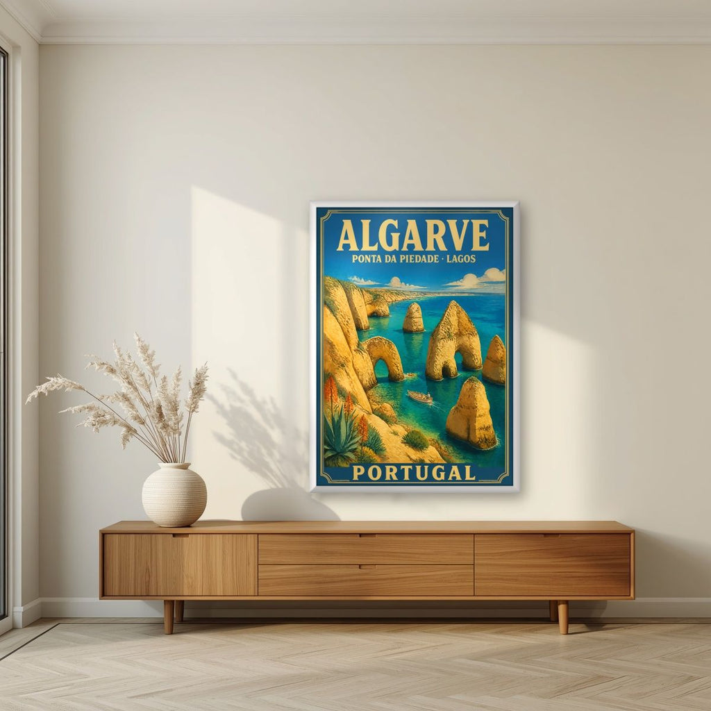 Ponta da Piedade — Algarve art print, in a white frame, styled in a living room