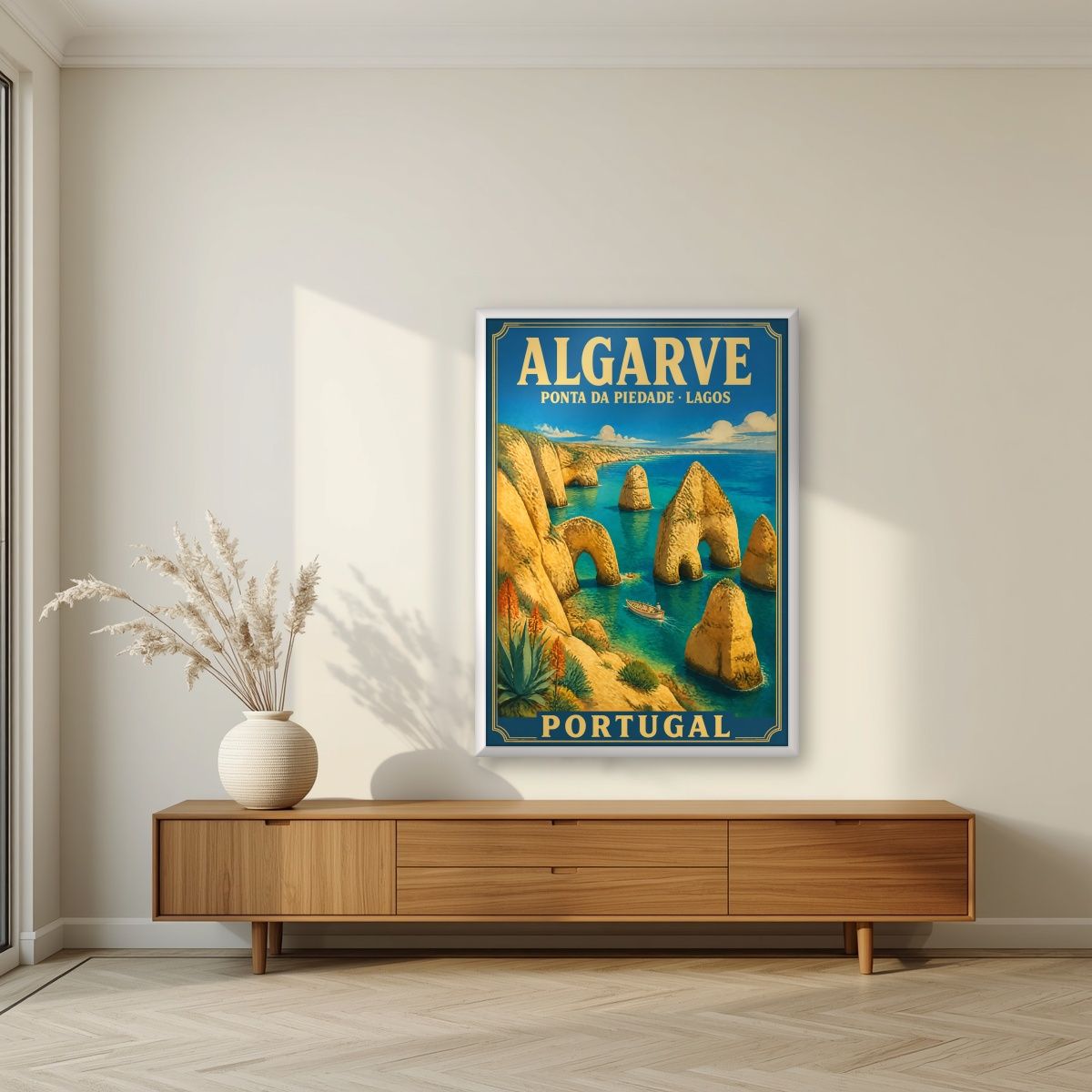 Ponta da Piedade — Algarve art print, in a white frame, styled in a living room