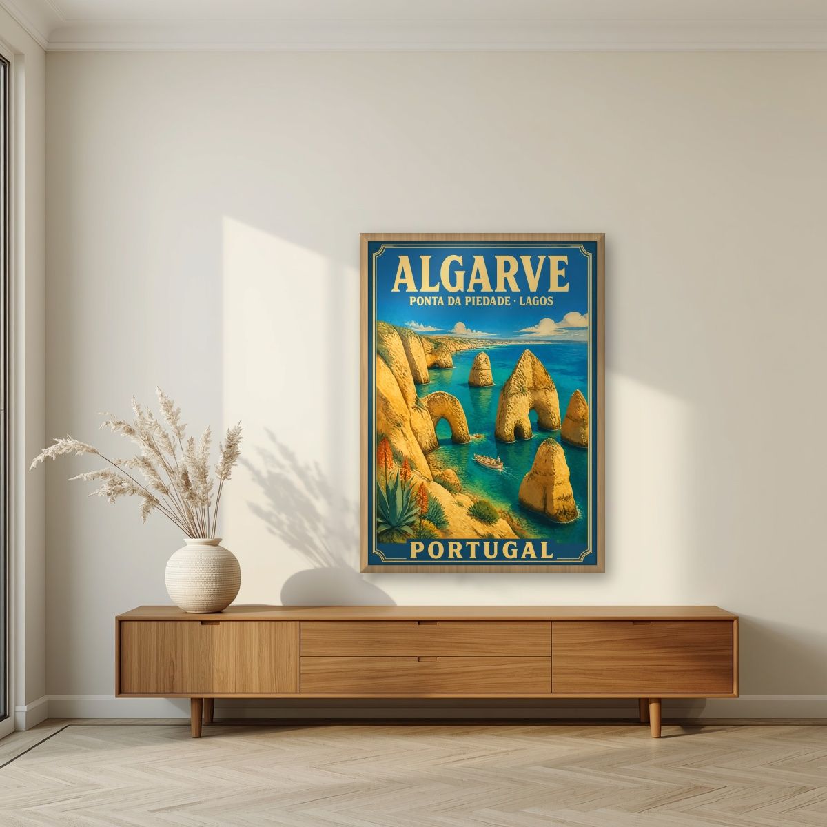 Ponta da Piedade — Algarve art print, in an oak frame, styled in a living room