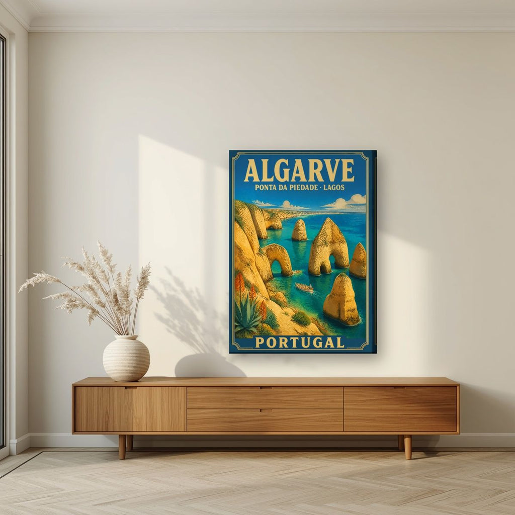 Ponta da Piedade — Algarve art print, on slim canvas, styled in a living room