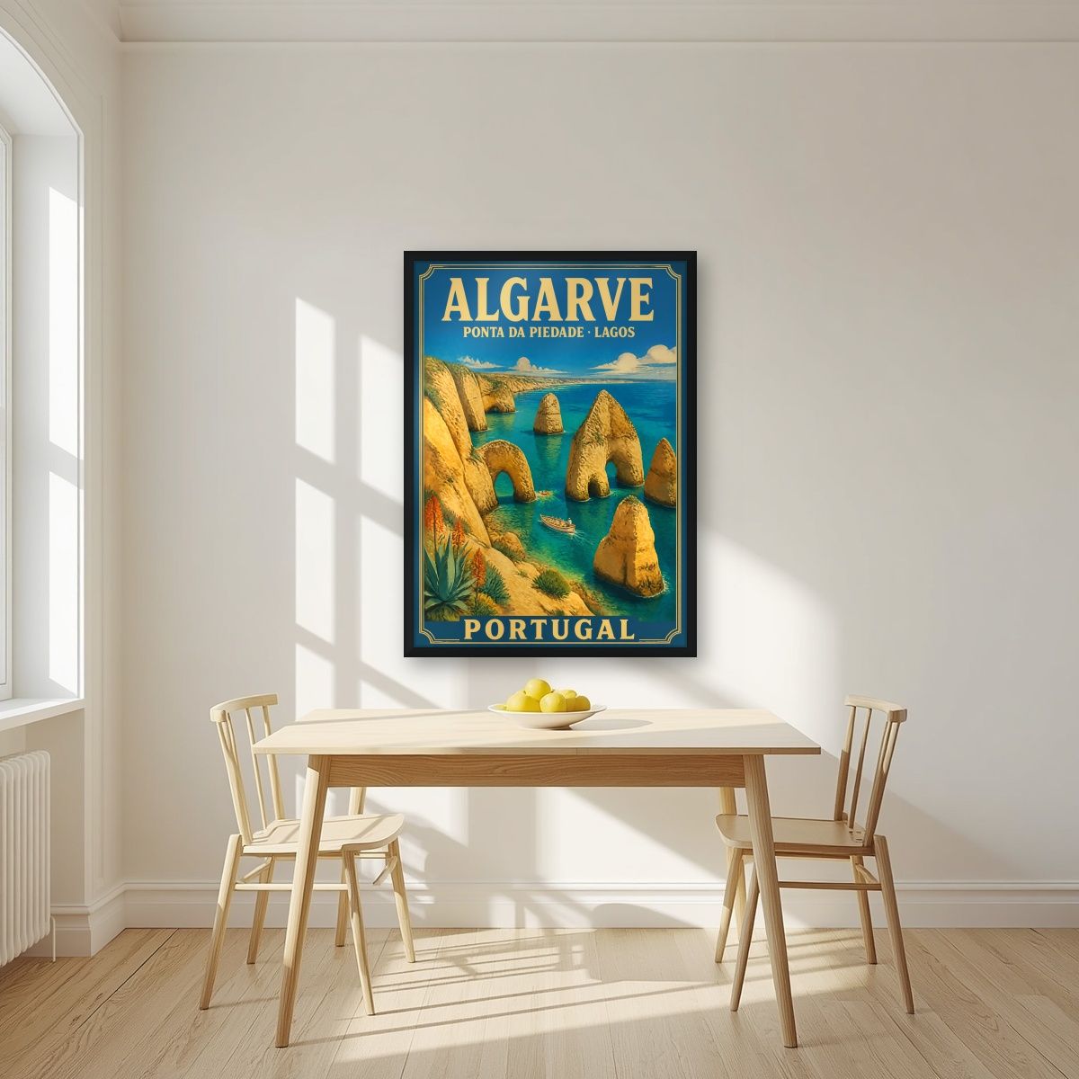 Ponta da Piedade — Algarve art print, in a black frame, styled in a kitchen