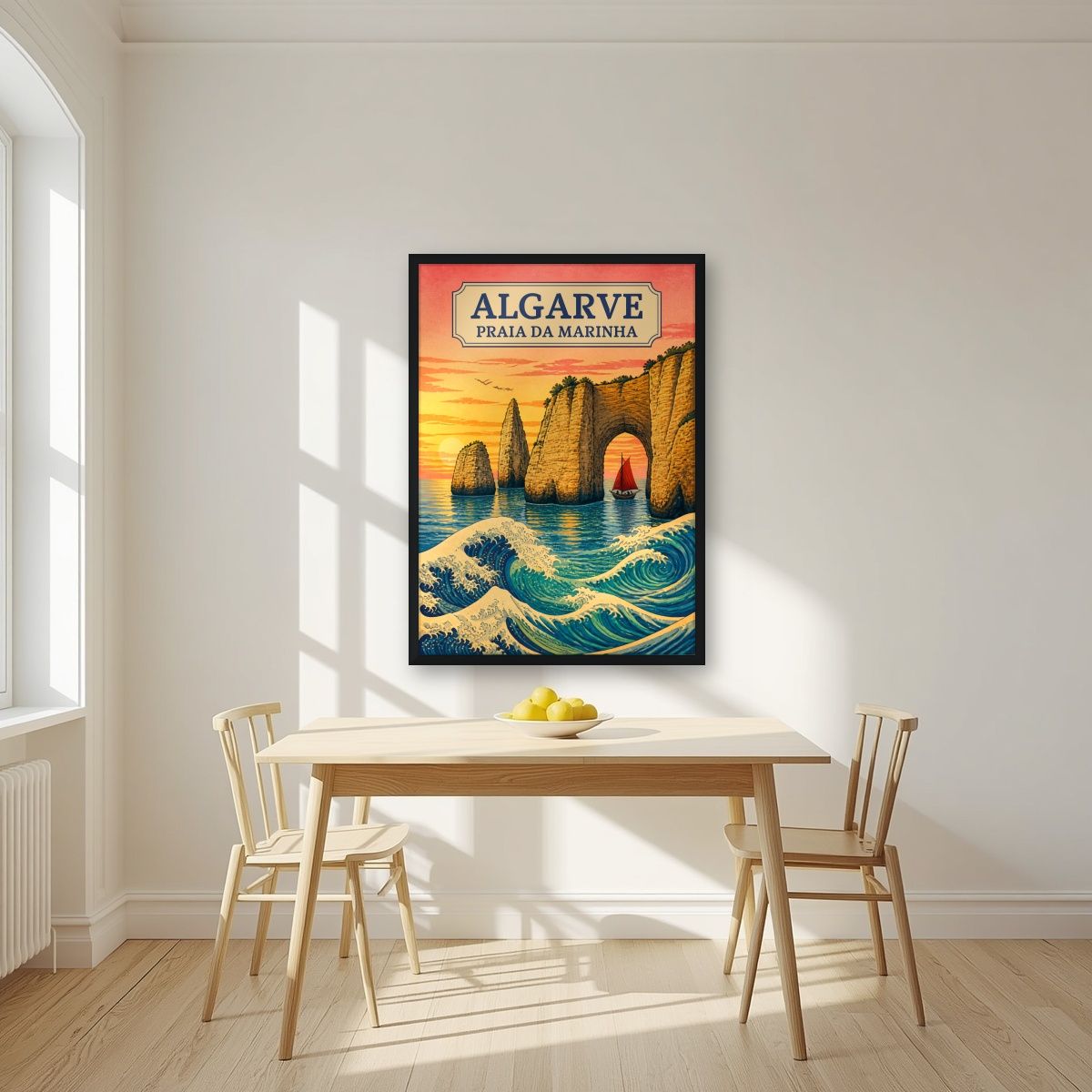 Praia da Marinha — Algarve art print, in a black frame, styled in a kitchen