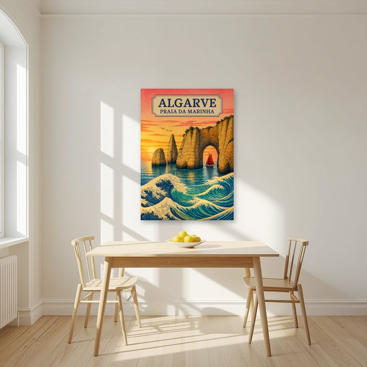 Praia da Marinha — Algarve art print, unframed poster, styled in a kitchen