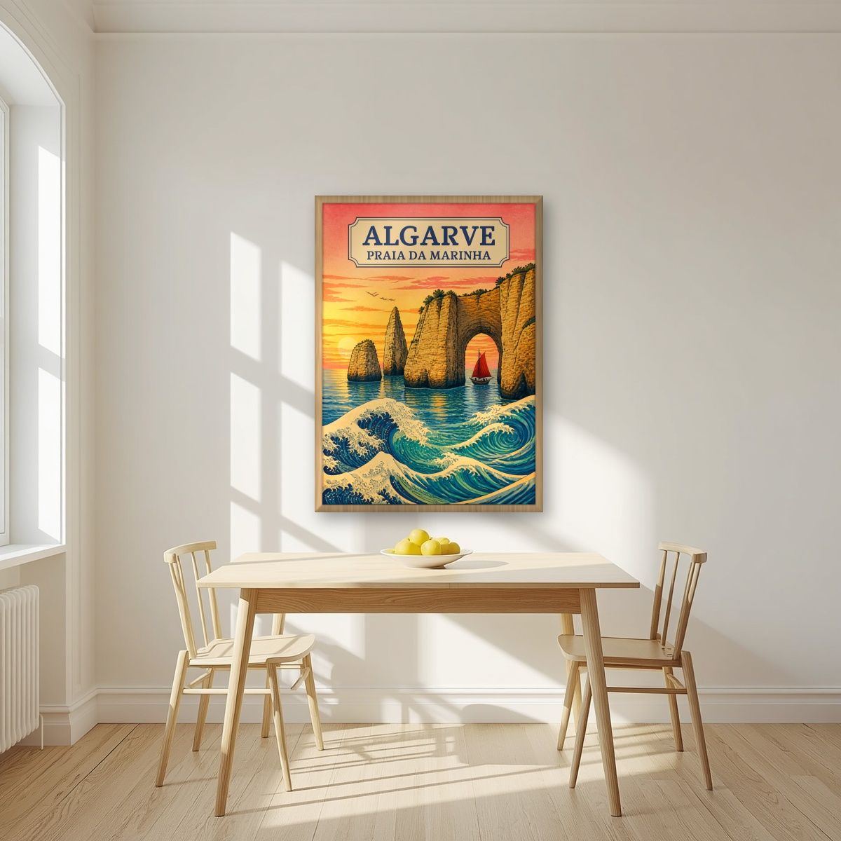Praia da Marinha — Algarve art print, in an oak frame, styled in a kitchen