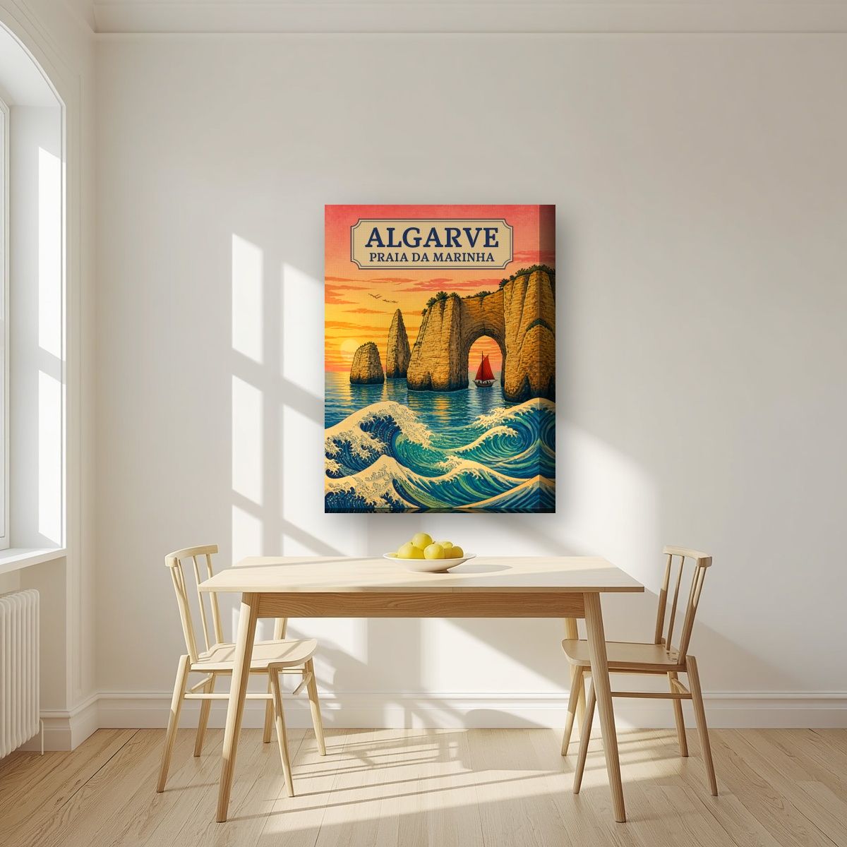 Praia da Marinha — Algarve art print, on thick canvas, styled in a kitchen
