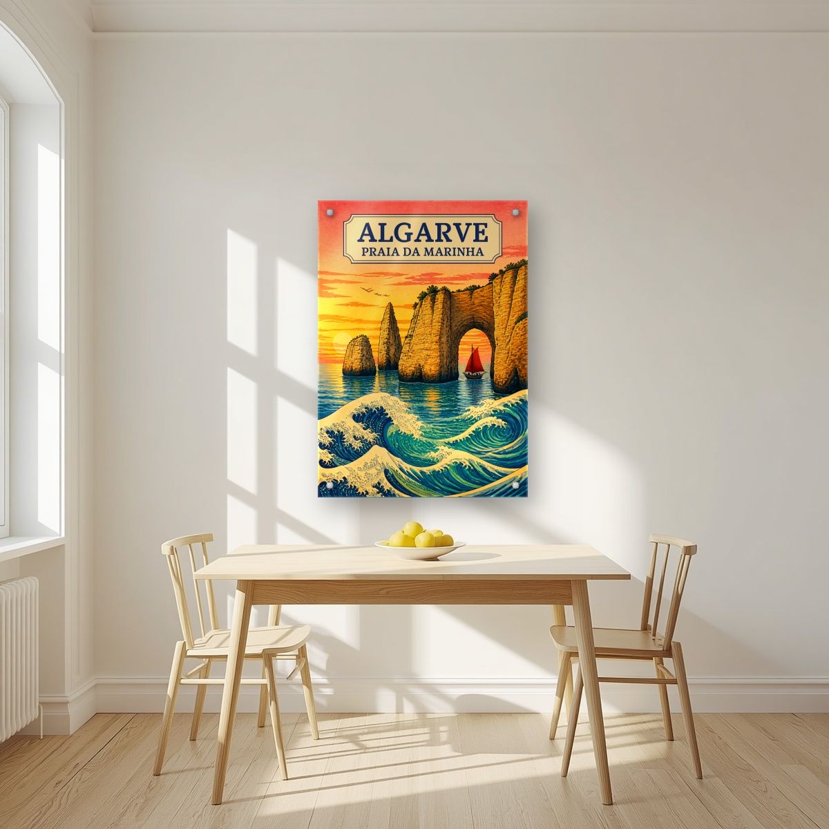 Praia da Marinha — Algarve art print, as an acrylic print, styled in a kitchen