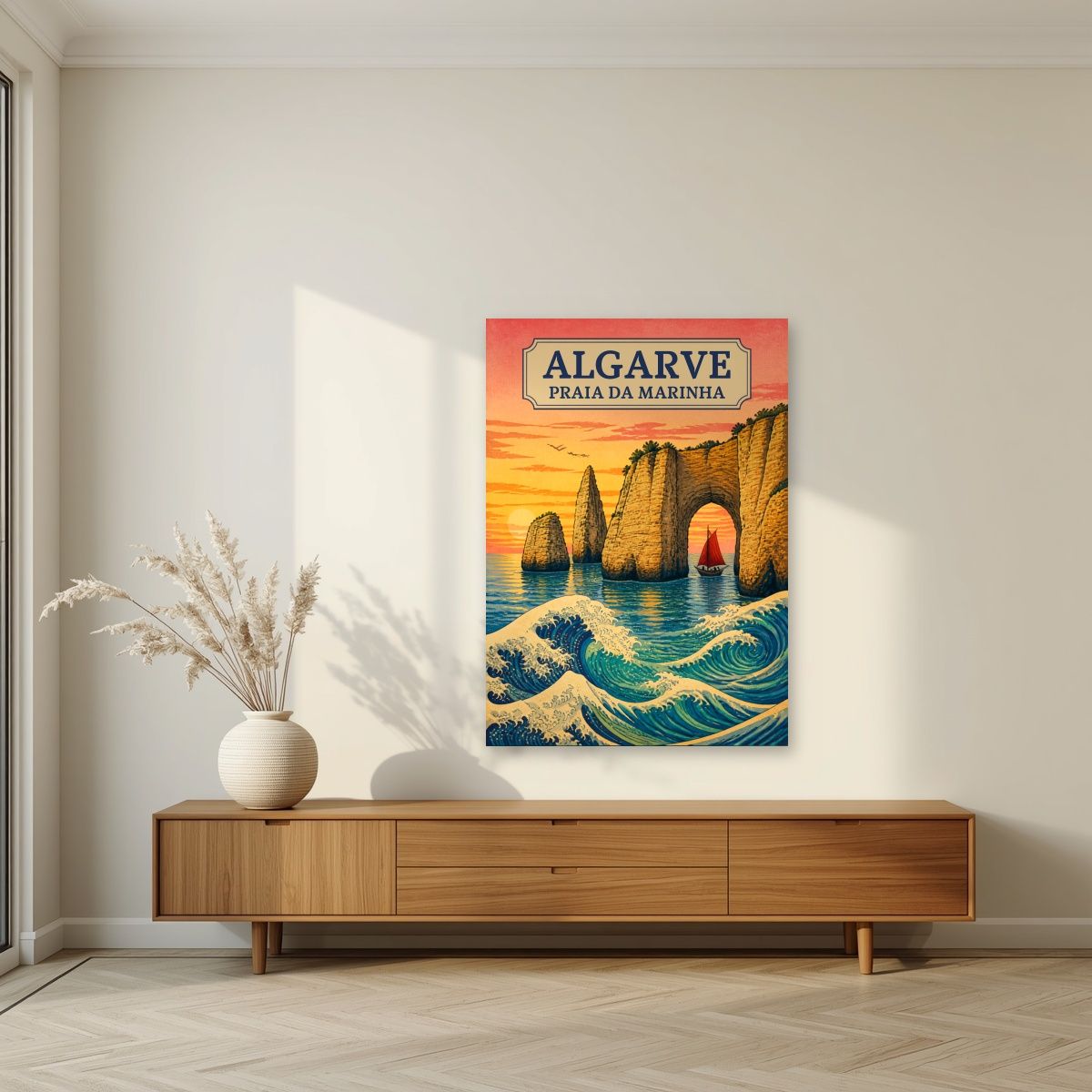 Praia da Marinha — Algarve art print, unframed poster, styled in a living room