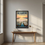 Ria Formosa — Algarve art print, in a black frame, styled in a desk