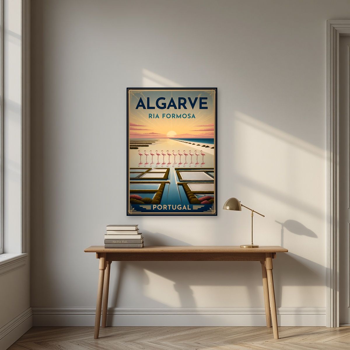 Ria Formosa — Algarve art print, unframed poster, styled in a desk