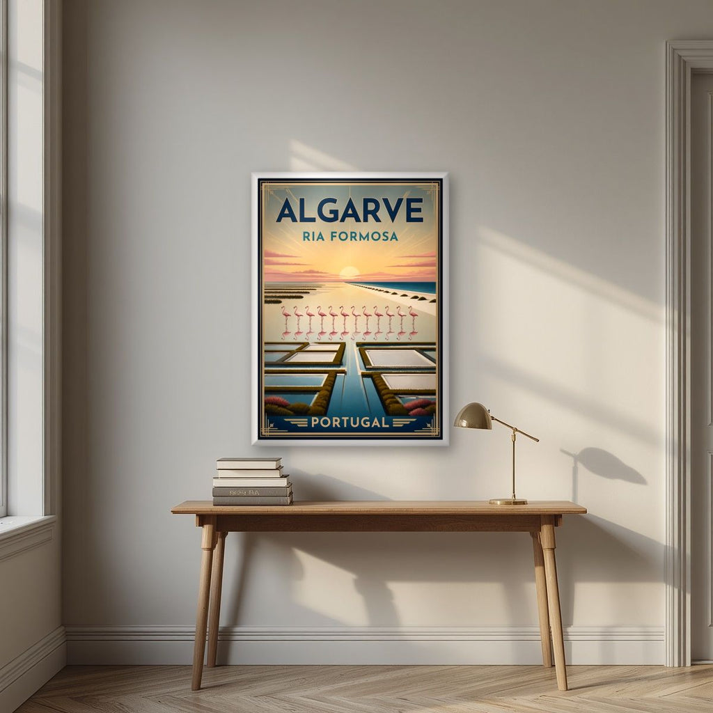 Ria Formosa — Algarve art print, in a white frame, styled in a desk