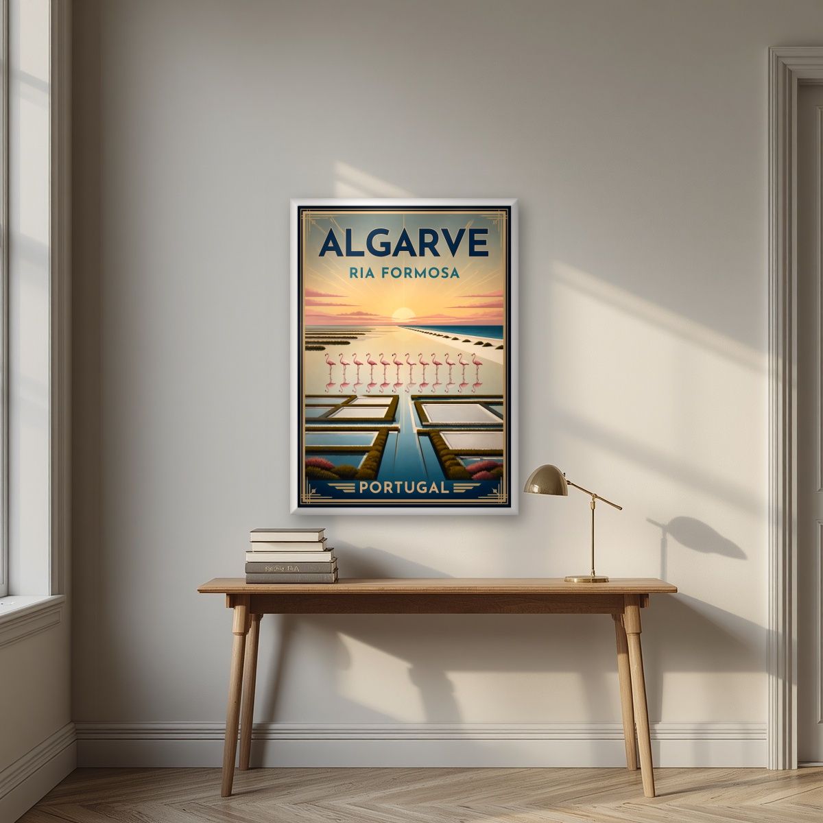 Ria Formosa — Algarve art print, in a white frame, styled in a desk