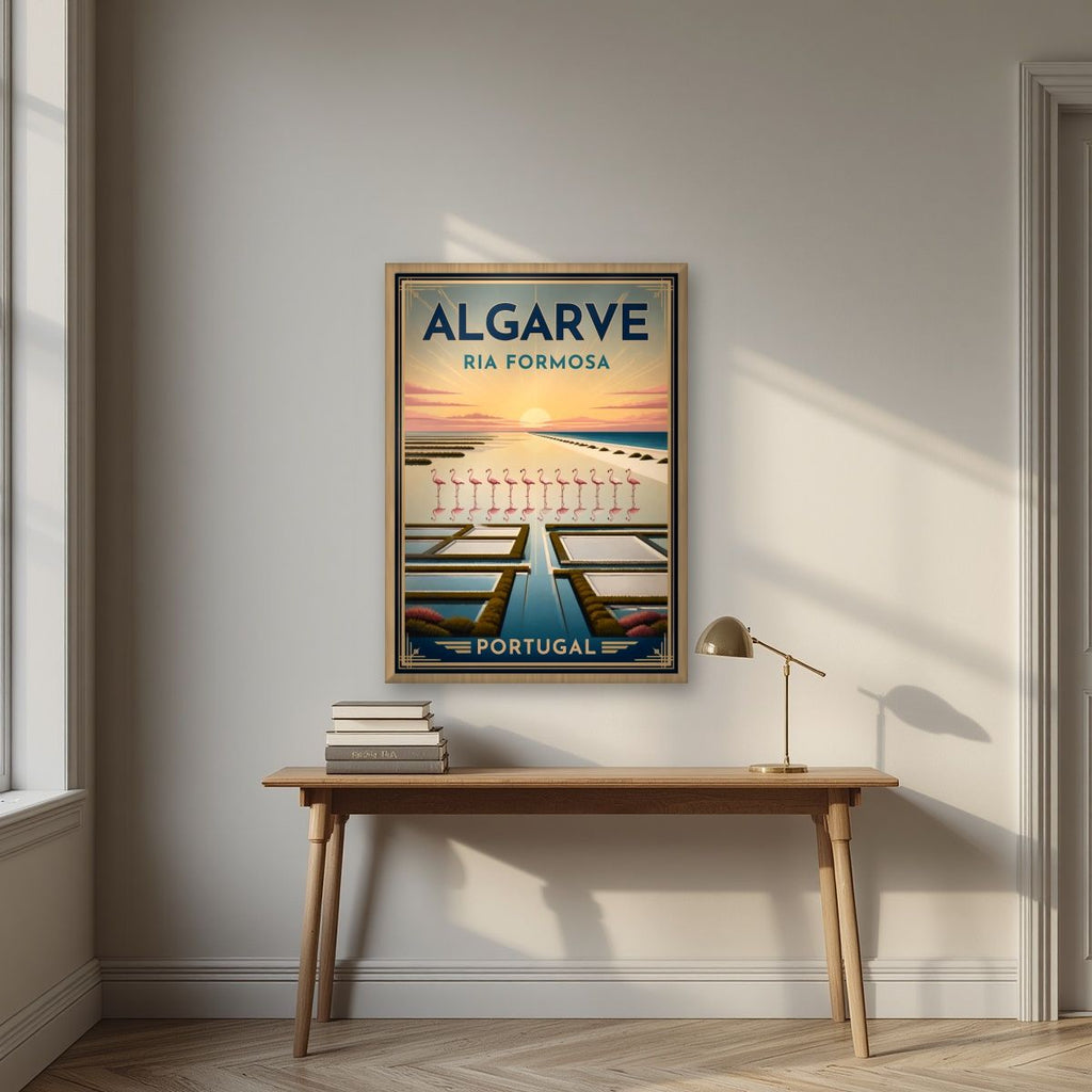 Ria Formosa — Algarve art print, in an oak frame, styled in a desk