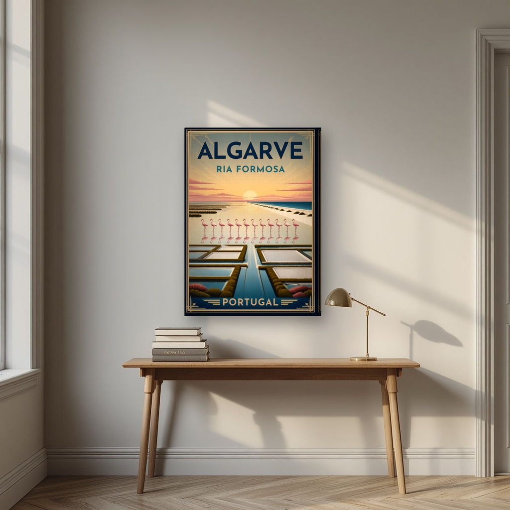 Ria Formosa — Algarve art print, on slim canvas, styled in a desk