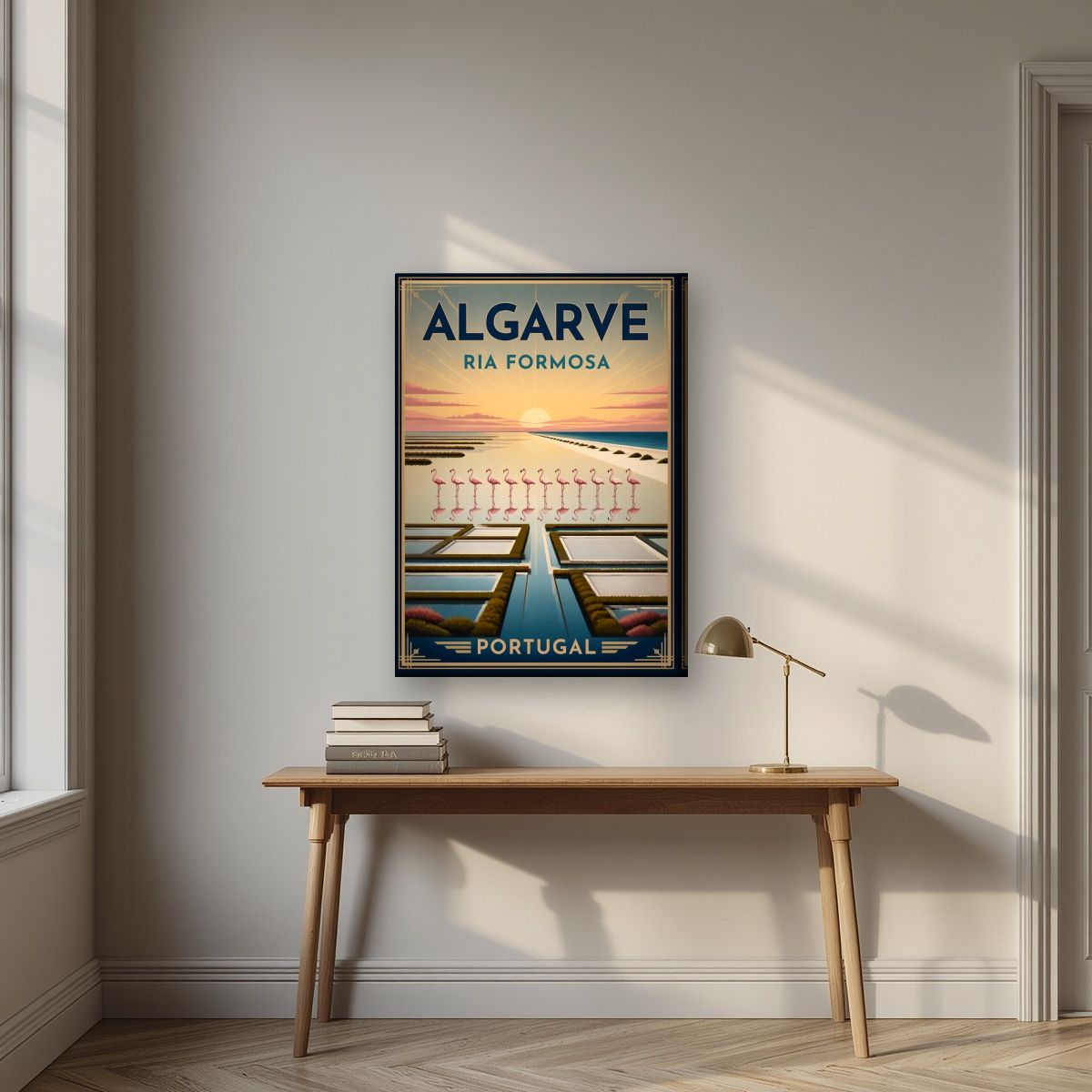 Ria Formosa — Algarve art print, on slim canvas, styled in a desk