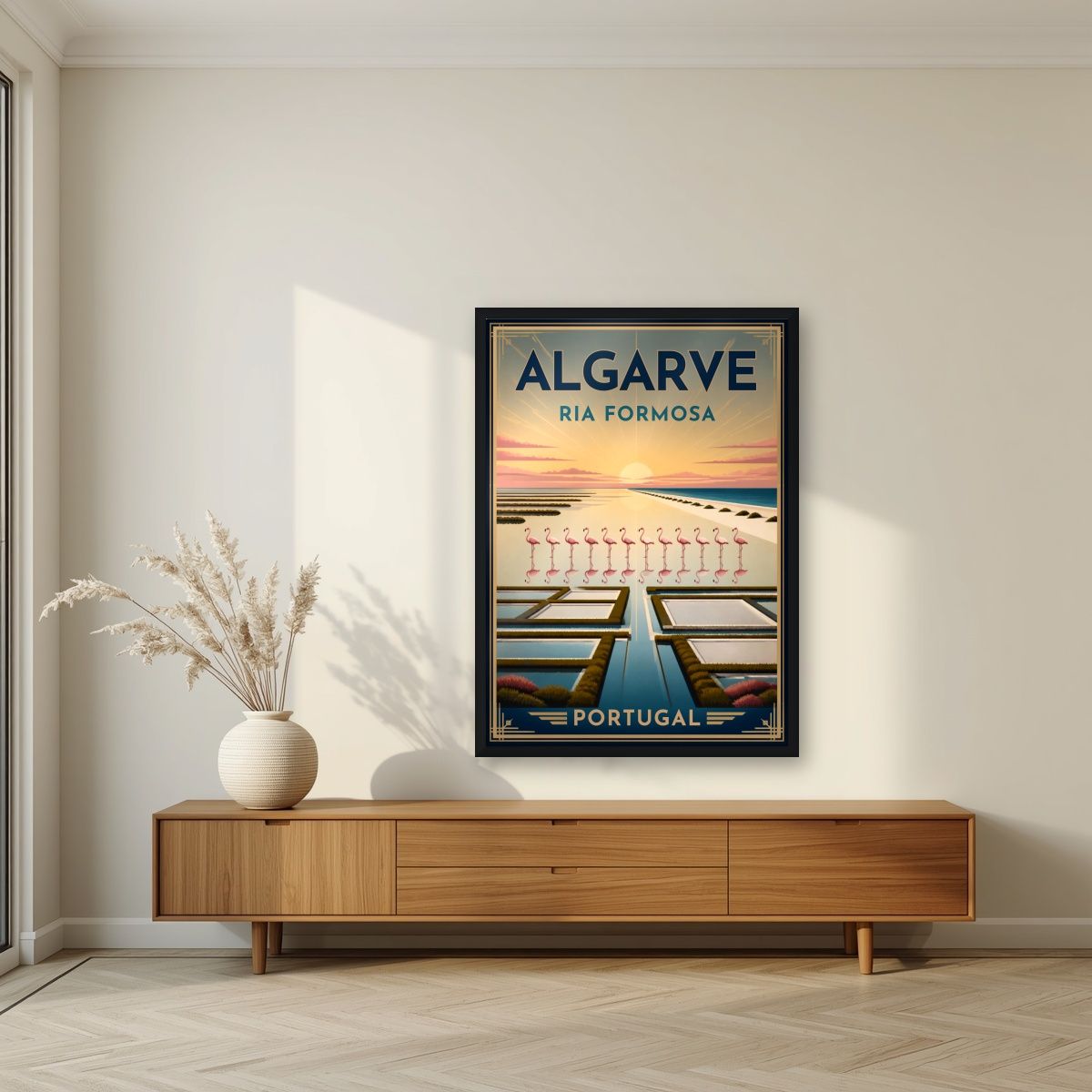 Ria Formosa — Algarve art print, in a black frame, styled in a living room