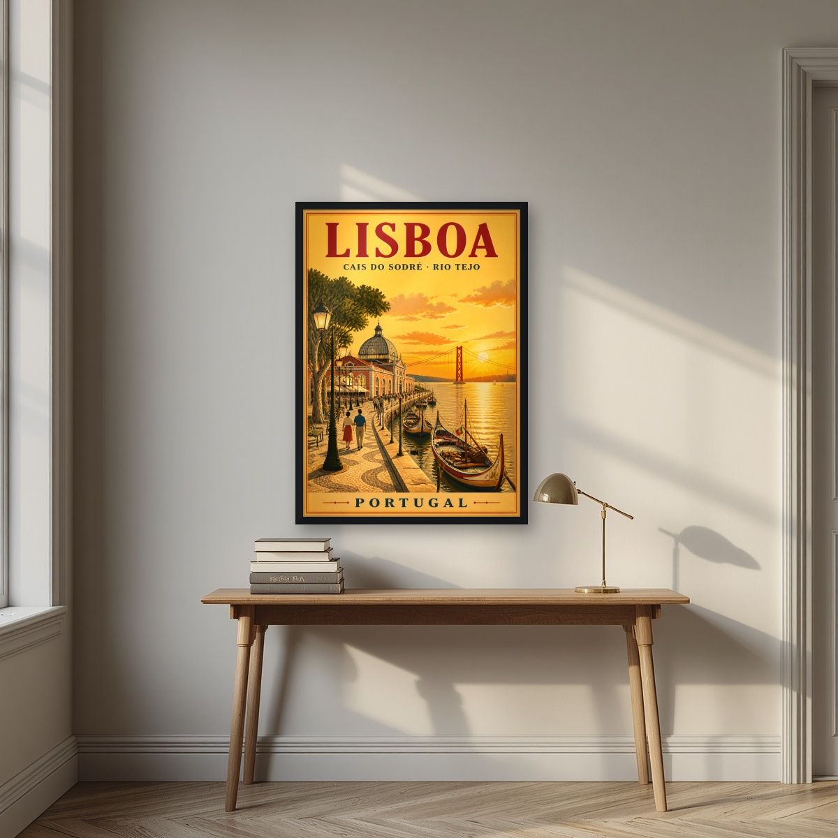 Cais do Sodre — Lisbon art print, in a black frame, styled in a desk